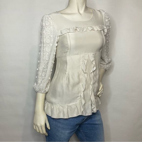 Juicy Couture Tops - Ivory 100% Silk Juicy Couture Ruffle Lace Babydoll Blouse Size 6